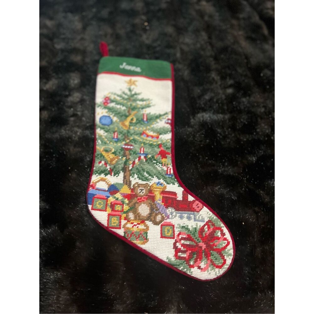 Vtg Velvet‎ Wool Needlepoint Stocking Janna Embroidered Name Christmas Tree